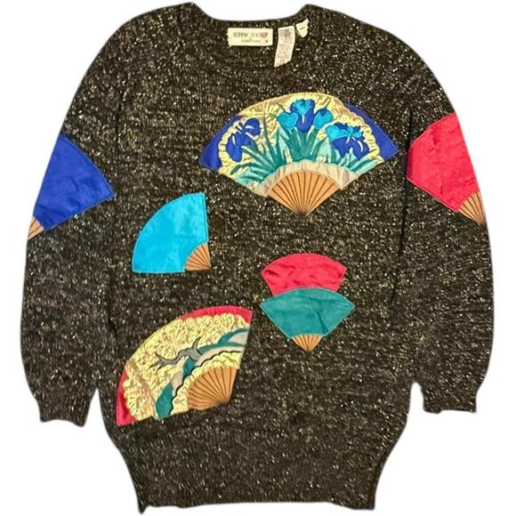 Vintage 80s Bonnie Boerer metallic fan appliqué oversized statement sweater L/ - Picture 1 of 3